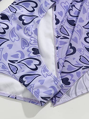 Wdirara Girl's 4 Piece Set Heart Print Halter Tie Back Bikini Swimsuit With Drawstring Cover Up Set Violet Purple 12-13Y #TOP2