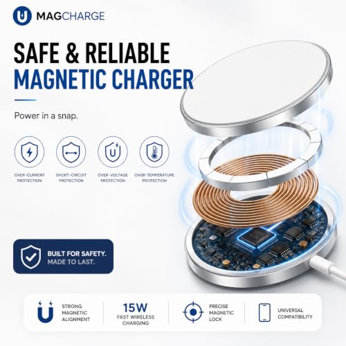 Image of Magnetic Wireless Charger for iPhone, 15W USB-C MagSafe Fast Wireless Charging Pad, Qi Compatible with iPhone 16 /16 Pro /16 Pro Max /16 Plus, 15 /14 /13 /12 Series (White)