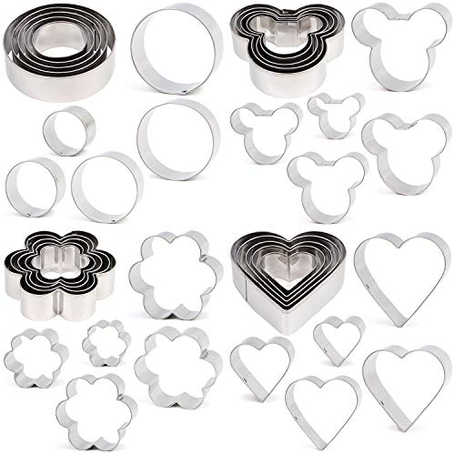 20pcs Cookie Cutter set, Mickey & Heart & Flower & Round Shapes Cookie Cutters Molds for Biscuits, Cakes, Vegetable and Sandwiches, 0.4mm Thickness & 2.5cm in height Stainless Steel Baking Tools
