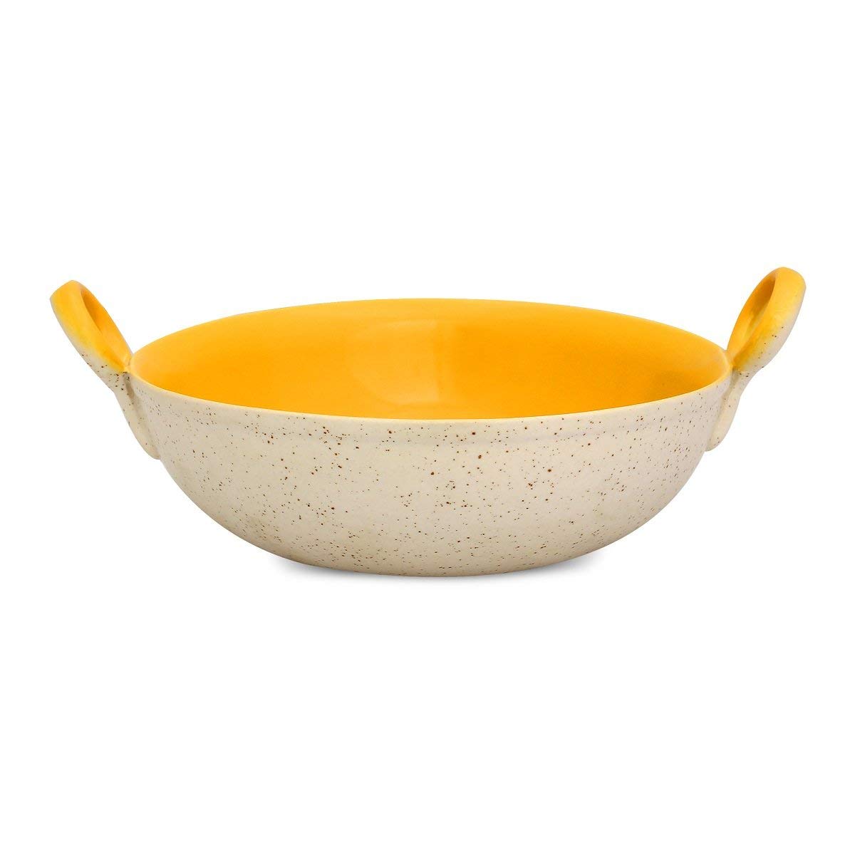 Caffeine Ceramic Handmade Stoneware Yellow and Cream Serving Kadhai – (Set of 1 Microwave & Dishwasher Safe)