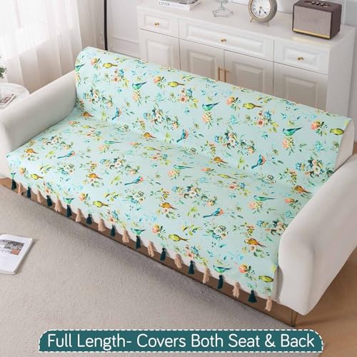 Image of HOKIPO Printed Holland Velvet Sofa Cover with Tassels for 3 Seater Sofa | Full Protection for Sofa Seat and Back | 'Whispers of Nature' (160x175 cm), Mint Birdsong Blossom (IN-1127-D3)