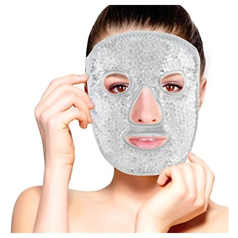 Hot and Cold Therapy Gel Bead Full Facial Mask by FOMI Care | Ice Face Mask for Migraine Headache, Stress Relief | Reduces Eye Puffiness, Dark Circles | Fabric Back | Freezable, Microwaveable Cover