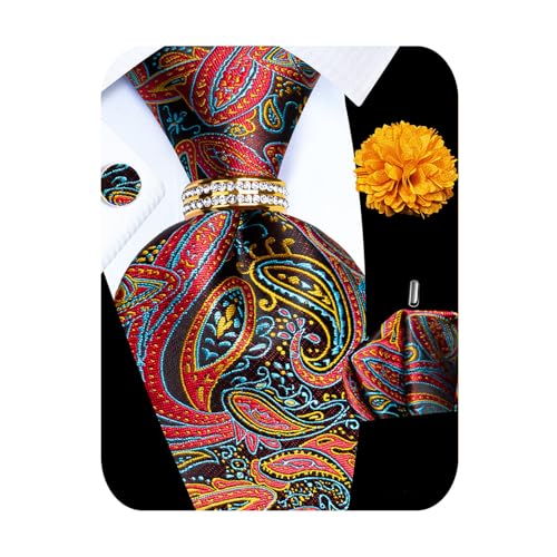 Image of 5PCS Mens Silk Tie, Pocket Square, Cufflinks, Drilled Tie Ring and Lapel Pin Set for Wedding Groom Party