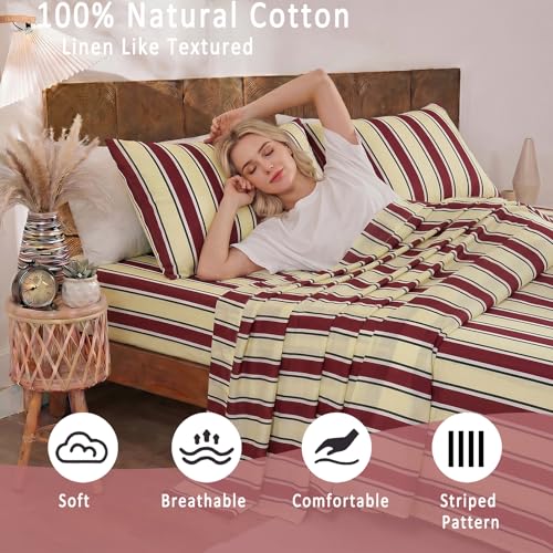 Image of Merryword 100% Cotton Sheet Set Queen Size - Burgundy & Cream Striped Bedding, Soft Breathable Percale Weave, Deep Pocket Fitted Sheet 17.5 inch, Luxury & Silky Soft Sheet Set for All Seasons