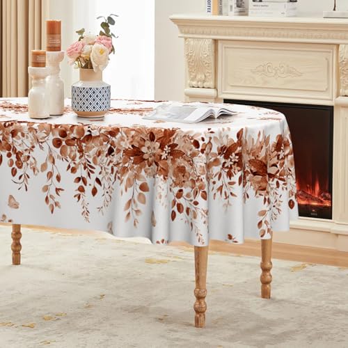Image of Horaldaily Fall Tablecloth 60 x 84 Inch Oval Eucalyptus Floral Caramel | Seasonal Washable Table Cover for Party Picnic Dinner Decor
