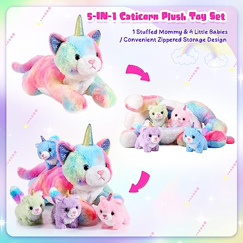 Image of 5 Pieces Caticorn Plush Toy Set 16 Inch Mommy Cat Unicorn Stuffed Animal with 4 Cute Plush Baby Kittens Pastel Rainbow Caticorn Toy Set Boys Girls Birthday Kpop Party Favors(Cute Color)