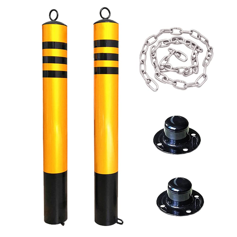 WDSOPK Driveway Safety Barrier, 2X Safety Barrier for Driveways,Parking Bollards Security Posts with Lock and 3M Chain,Reflective Road Markers Driveway Barrier