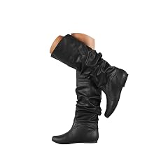 Womens Slouchy Knee High Boots Pull On Flat Fall Winter Long Boots for Women Leather Flat Heel Round