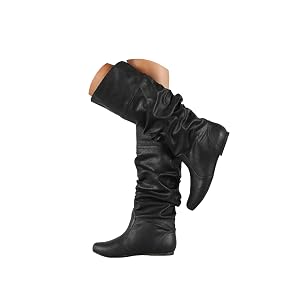 Womens Slouchy Knee High Boots Pull On Flat Fall Winter Long Boots for Women Leather Flat Heel Round