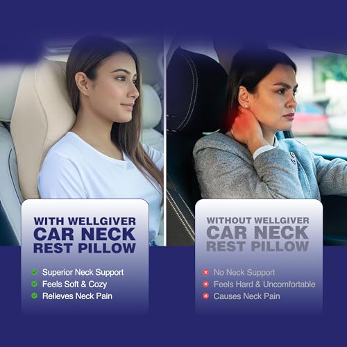 Image of WELLGIVER Orthopedic Memory Foam Car Neck Rest Pillow - Cervical Support Cushion for Neck Pain Relief, Adjustable Strap - Universal Fit for All Cars | Beige Velvet