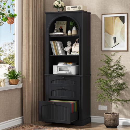 Image of Vabches Farmhouse Bookshelf with File Drawers, Rustic Black