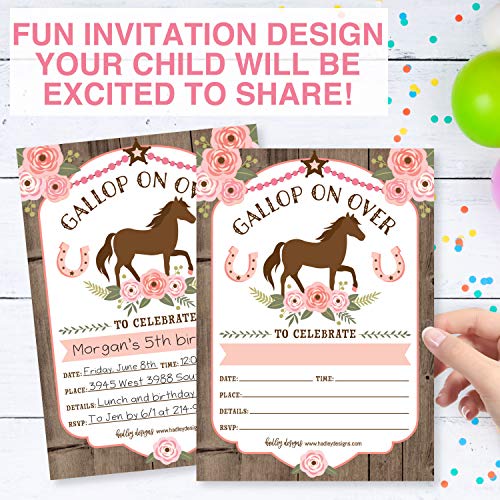Image of Hadley Designs Kids Birthday Invitations Girl Pony Theme - 25 Horse Birthday Party Invitations For Girls, Gallop on Over Invites For Girls, Cute Ranch Party Supplies, Made in USA