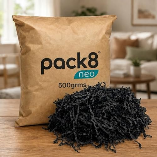 Image of Pack8neo Shredded Paper Cutting For Giftpacking, Hampers, Gift Baskets & Boxes, 500g | Sustainable grass paper, Crinkle Cut filler, Gift Packaging Protection & Recyclable decoration material, Black