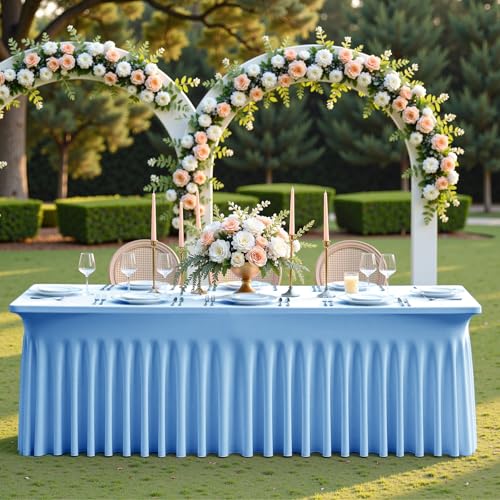 Image of 6 pk Baby Blue Spandex Tablecloth 6ft with Ruffle Skirt, Wrinkle Free High Stretch Fitted Tablecloths for 6 Foot Rectangle Tables, Blue Eastic Spandex Table Covers 6ft for Parties Banquet Weddings