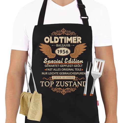 Grillschürze 70 Geburtstag Mann Küchenschürze als Geschenk zum 70. Geburtstag Schwarz Kochschürze Wasserdicht mit Spruch: Oldtimer 1956 in Topzustand Geburtstagsgeschenke für Männer Vater Ehemann
