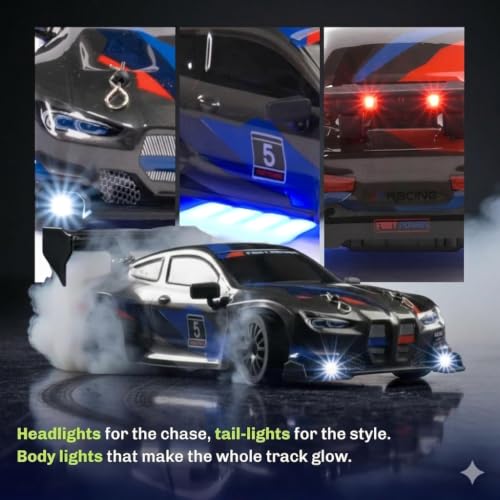 Image of FLYTEK RC Drift Racing Car 1:24 Scale 4WD 2.4GHz 20 Kmph (Black and Red) | LED Lights, Replaceable Tyres, Flexible PVC Shell, Multi-Player Support, USB Rechargeable
