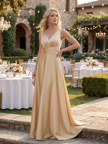 Image of Ever-Pretty Women's Summer Satin V Neck Formal Wedding Guest Dress Floor Length Empire Waist Bridesmaid Dresses with Pockets