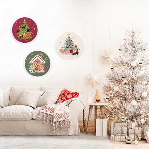 Image of LB Christmas Embroidery Kit for Beginners Adults, 3 Sets Hand Embroidery Starter Kit with Black Cat Pattern and Instructions Stamped Cross Stitch Kits Include Embroidery Hoop Needles Threads Scissors