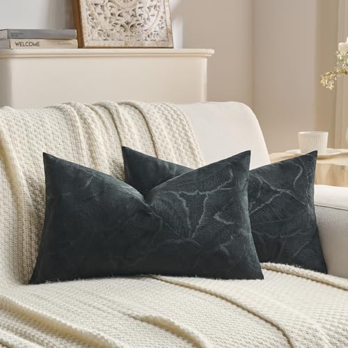 Image of FUTEI Pack of 2 Velvet Throw Pillow Covers 12x20 Inch Soft Embossed Leaf-Relief Textured Decorative Lumbar Pillowcases Modern Natural Farmhouse Accent for Couch Bed Living Room, Black
