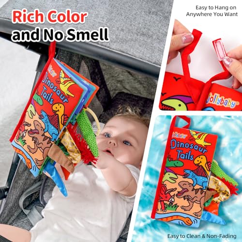 Image of Jollybaby Baby Books 0-6 Months, Touch and Feel Crinkle Soft Cloth Books for Infants Babies, Toddler Early Educational Interactive Stroller Sensory Toys, Baby Girl & Boy Gift(Dinosaur Tails)