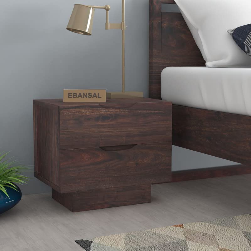 Image of Solid Wood Sheesham Sofa Side Table with 2 Drawer - Walnut Finish