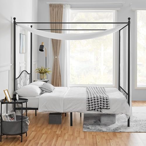 Image of Metal Queen Size Poster Bed Without Storage | Wrought Iron Canopy Poster Bed Queen Size with Headboard & Footboard | Cot Without Storage, Metal Furniture for, Living Room, (Design 1-Black)