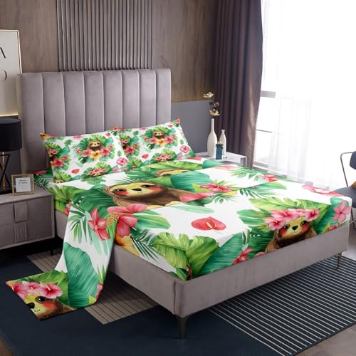 Erosebridal Cartoon Sloth Fitted Sheet Kawaii Sloth Bed Sheets Palm Leaf Cherry Blossom Monstera Sheet Set Hawaiian Tropical Leaf Animal Top Sheet for Kids Boys Girls, 4Pcs Full Size
