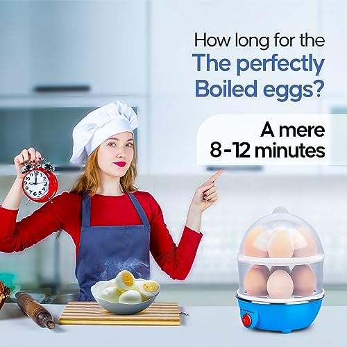 Image of Longway Eggo 350 Watt Egg Boiler /Cooker for Steaming, Cooking & Boiling with 3 Boiling Modes Soft, Medium, Hard (Blue, 14 Eggs)