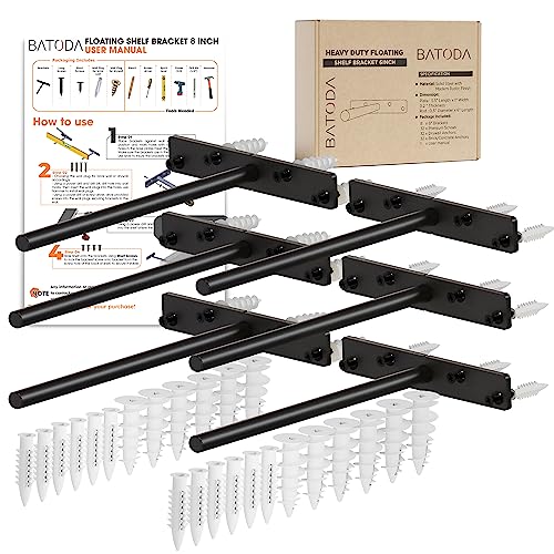 Image of BATODA - 8 inch Heavy Duty Floating Shelf Bracket (6 pcs) - Solid Steel Blind Shelf Supports - Hidden Brackets for Floating Wood Shelves - Screws and Wall Plugs Included (Large Size)