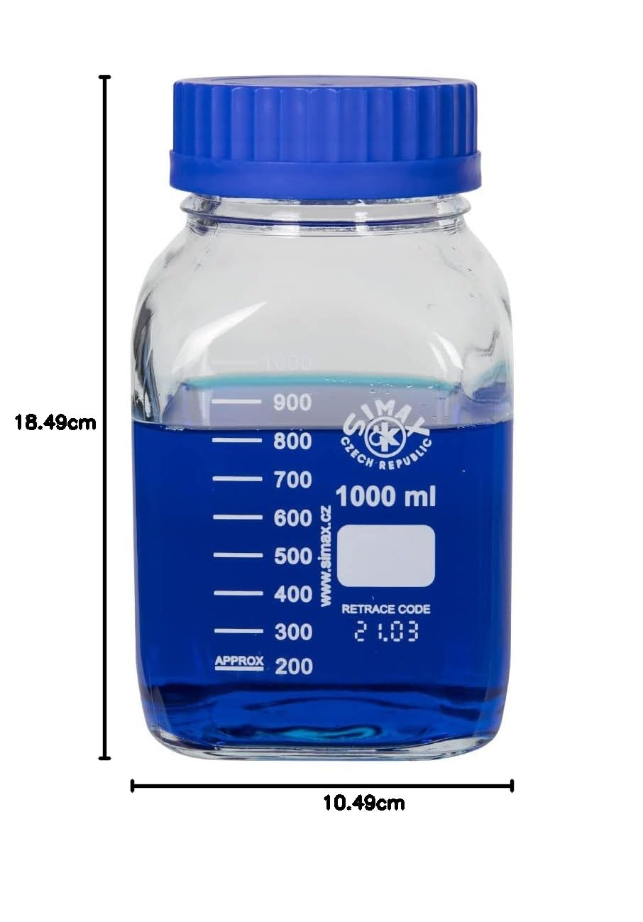 United Scientific™ SIMAX BSWM1000 GL80 - Botellas de almacenamiento a prueba de fugas, boca ancha, cuadrada, vidrio de borosilicato 3.3, 1000 ml (1 L), 1 cada una