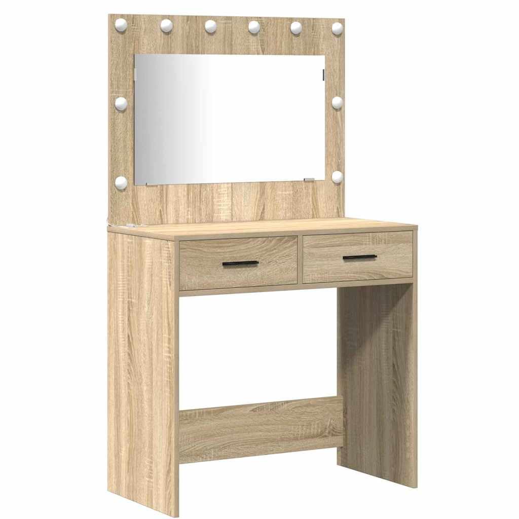 Schminktischset mit LED 3 pcs Sonoma-Eiche Holzwerkstoff, 158,5 x 41 x 135 cm, 4 Schubladen, Acrylspiegel, LED-Beleuchtung, USB-Anschluss, modernes Schlafzimmer, Stauraum und Organisation