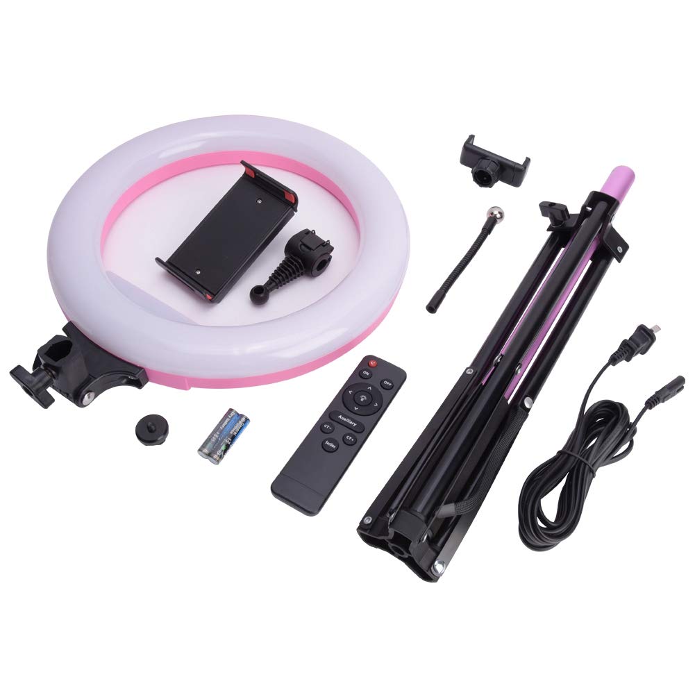 Qiilu 12in LED Ring Light, LED Ring Light Set with 2m Detachable Tr Phone Clip Double Color Temperature 3500-5600k Stepless Dimming 110-240V(US)