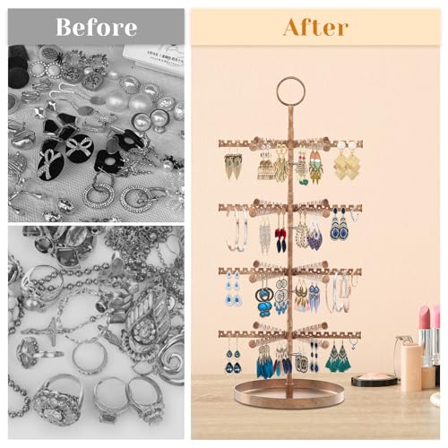 Image of MODOWEY 4 Tier Metal Rotating Earring Holder Organizer Stand Adjustable Display Tree for Women, 384 Holes and Grooves Rack Tower for Pierced Dangle, Large Capacity Space-Saving Jewelry Hanger, Bronze