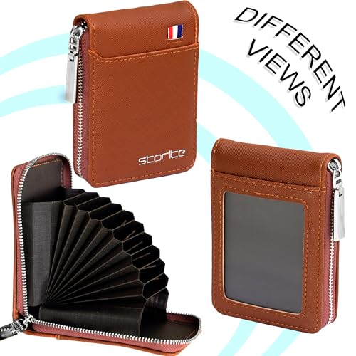 Storite PU Leather 9 Slot Vertical Credit Debit Card Holder Money Wallet Zipper Coin Purse for Men Women - Lightbrown (11.5 x 1.75 x 8 cm) (Image - 3)