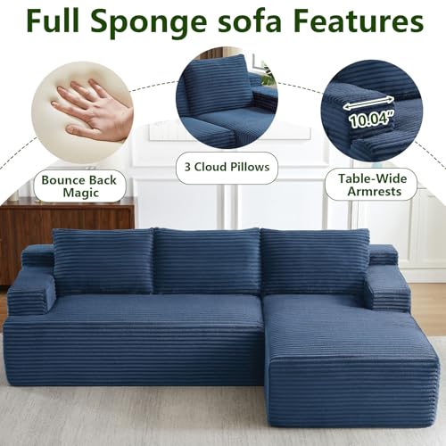Image of 96 inch Modular Sectional Sofa, Modern Corduroy Cloud Couch with Side Pockets, Boneless Couch Upholstered 3-Seater L-Shaped Sofa for Living Room, No Assembly Required (Blue, Right-Facing Chaise)