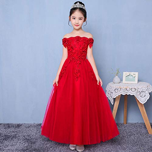 Flower Girl Dress Embroidery Lace Applique Beaded Off Shoulder Long Pageant Formal Wedding Party Dresses for Kids Baby Bridesmaid Birthday Communion Floor Length Tulle Ball Gowns Red 11-12 Years3