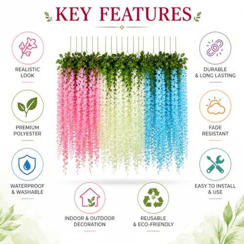 Image of Tia Crafts Polyester Artificial Hanging Flowers For Ceiling Balcony | Wisteria Vine | Home Party Decor Garden Outdoor Greenery Office Wall Decoration | Waterproof Washable- 3.7Ft /45 Inch (Mixed, 6)