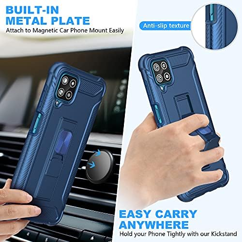 ORETech for Samsung Galaxy A12 Case with Kickstand,[2 x Tempered Glass Screen Protector] Full Body Anti Silp Heavy Duty Shockproof Hard PC Soft TPU Bumper Protection Cover for Samsung M12 - Blue