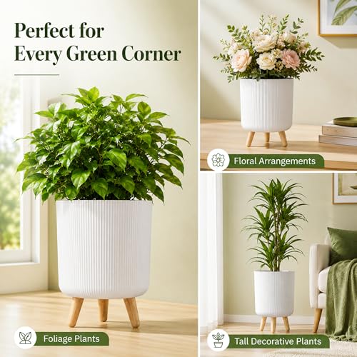 Image of Eightiz Store Modern White Flower Pot with Plastic Legs | Indoor Outdoor Planter for Home Garden Balcony Decor Ribbed Design Sturdy Plastic Mid-Century Style (White, Pack of 1)