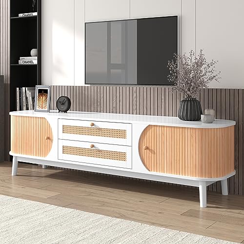 Merax Meuble TV Bas en Bois Massif et Rotin - 2 Tiroirs, 2 Portes Coulissantes - Style Maison de Campagne - Pour Salon, Salle à Manger - 170 cm - Naturel et...