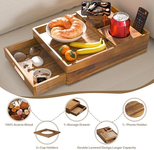 Acacia Wood Couch Cup Holder Couch Tray with Push-Pull Drawer — view 2