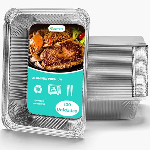GUERRERO HIGIENE Bandejas de Aluminio Desechables con Tapa – Moldes para Repostería y Comida – Aptas para Horno y Microondas – Envases Ultra Resistentes para Barbacoa y Parrilla (5475)