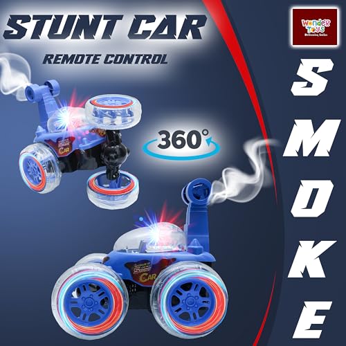Image of Wonder Stunt Rc Car | Smoke Function and Led Lights | Abs Plastic Body | 360 Degree Spinning Wheels Rechargeable Battery Type C Charging | Remote Control Toy for Kids - Blue