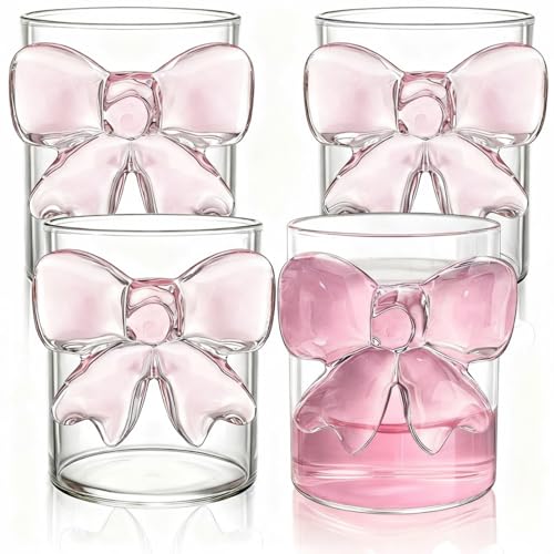 Image of Goaste 4 Pack Cute Pink Bow Glass Cups, 10 oz Clear Water Glasses with Bow Design, Aesthetic Iced Coffee Mug Tumbler, Old Fashioned Cocktail Glassware for Women Friends Wedding Engagements Gifts Party