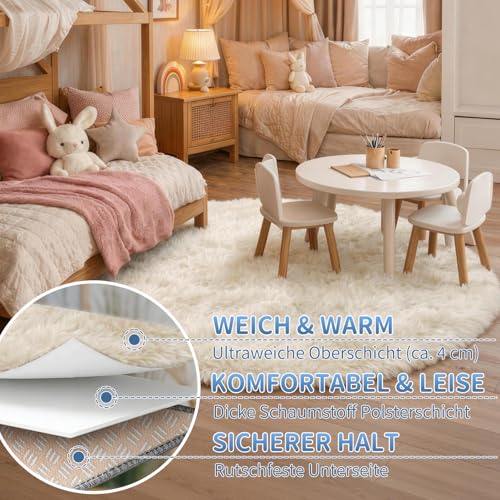 VOFUSHON Teppich Rund100 cm Cream Waschbarer Kinderzimmer Mädchen Junge Schlafzimmer Carpet Gegend Kurzflor Flauschig Rutschmatte