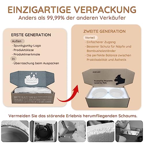 SPUNKYJUNKY Hundenapf Keramik Doppel Hund Futternapf mit Bambus Ständer für Katzen und Hunde (400ml, Weiß)