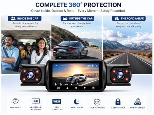 Image of 4 Channel Dash Camera, Front Rear Left Right Recording, Full HD 1080P Dash Cam, WDR Night Vision, G-Sensor, Loop Recording, 24H Parking Monitor, Wide Angle Car DVR
