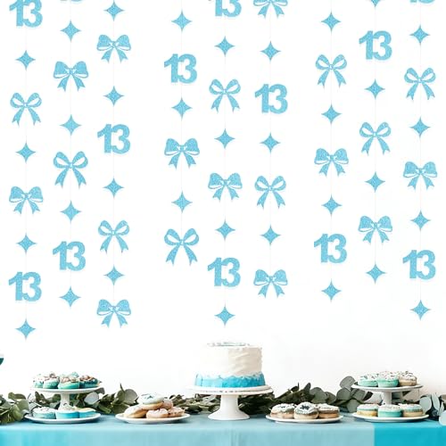 Image of Glitter Blue 13th Bow Birthday Decorations Teal Blue Conquette Bow Garland Streamer Banner Backdrop for Girls Happy 13th Birthday Official Teenager Cheers to 13 Years Old Anniversary Party Supplies