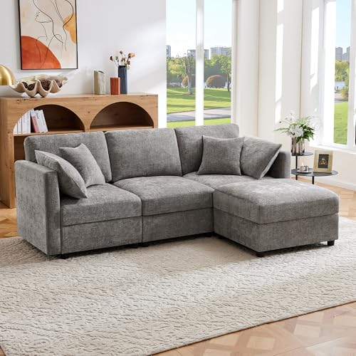 REXO Sofá cama en forma de L de 3 plazas con reposapiés, 4 almohadas, reposabrazos ajustables, cómoda tela de chenilla, adecuado para sala de estar/oficina/apartamento, gris. Vídeo disponible