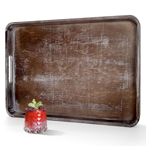 OurMiao 22" Rustic Wooden Serving Tray with Handles & Rounded Corners